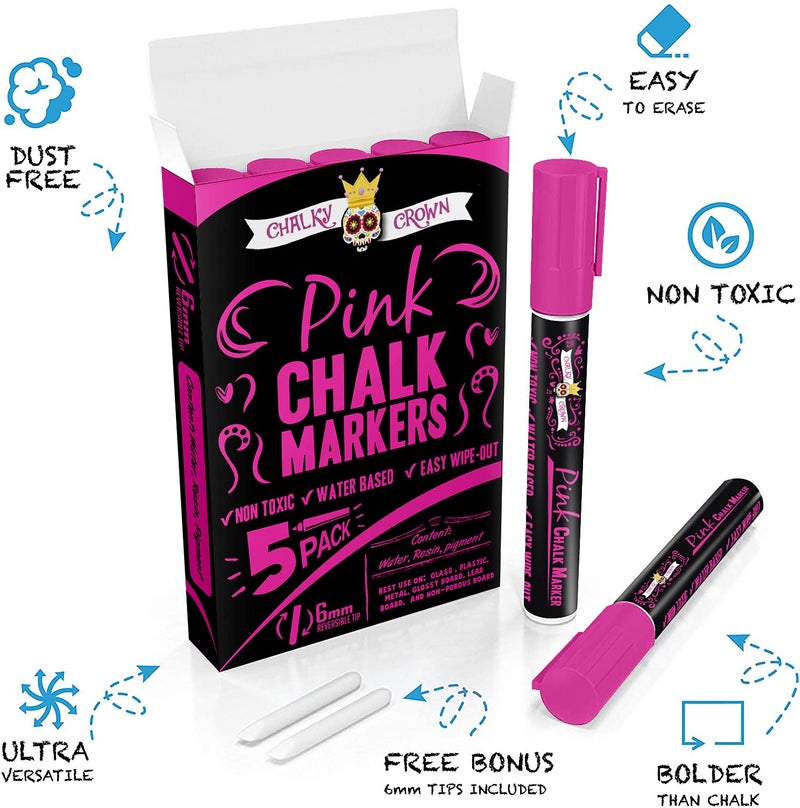 CHALKY CROWN قلم ماركر سائل تشالكي كراون - قلم مسح جاف - أقلام طباشير لعلامات السبورة، النوافذ، السبورة السوداء، الزجاج - طرف قابل للعكس 6 مم (وردي، 5 عبوات) - Image 2